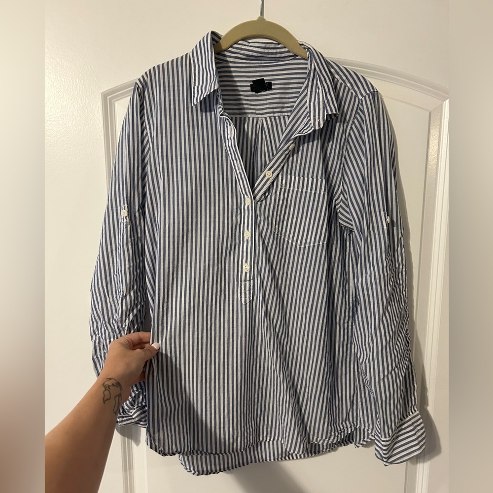 J. Crew Navy and White Striped Button Down Shirt